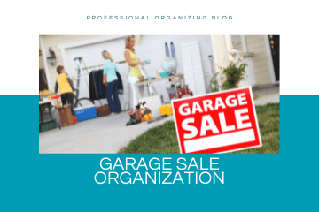 A garage sale organization with people standing around.