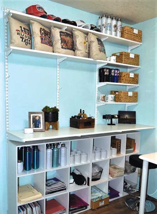 A room with shelves and baskets on the wall