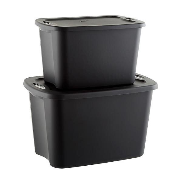 A stack of two black plastic storage containers.