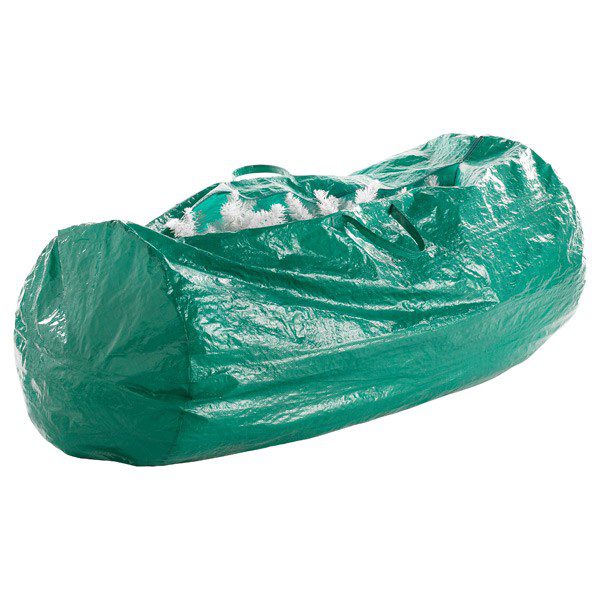 A green bag is wrapped in plastic.