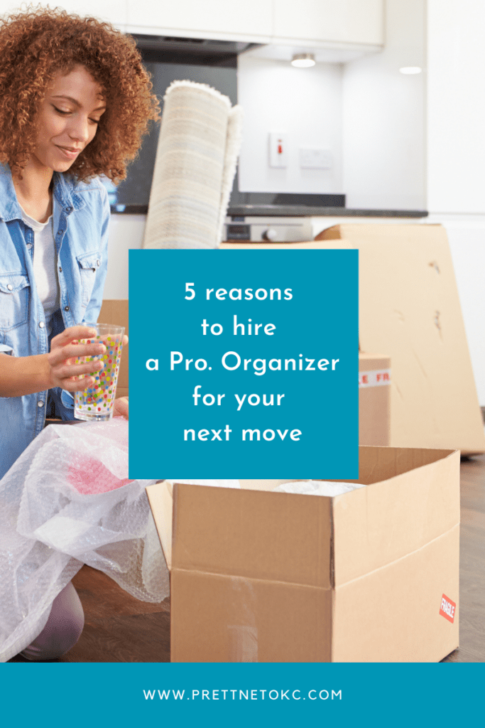 A woman sitting in front of boxes with the text " 5 reasons to hire a pro organizer for your next move ".