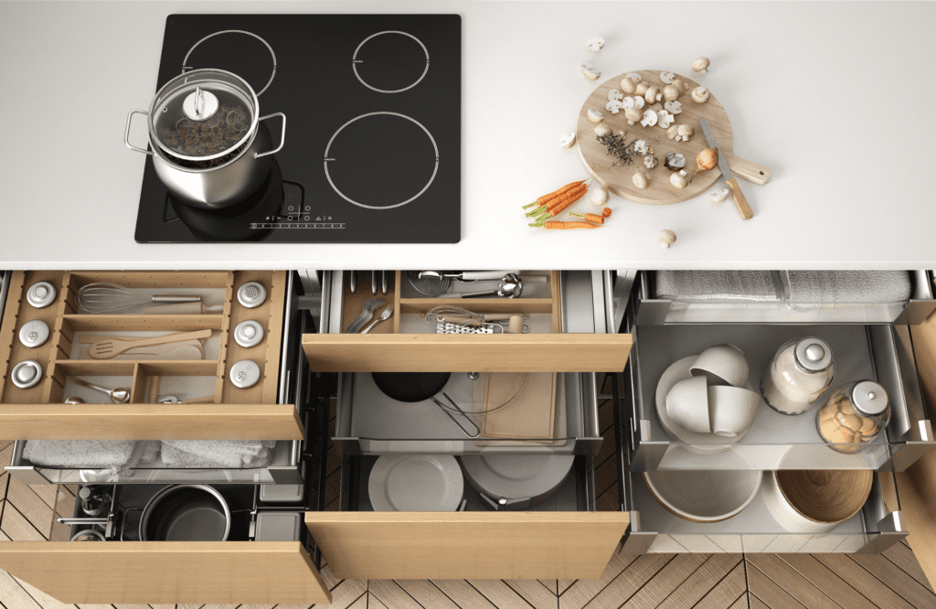 pretty-neat-edmond-ok-our-most-common-faqs-and-answers-luxury-kitchen-with-induction-stove-and-well-organized-storage-drawers-in-base-cabinet-decluttering-home-organizers