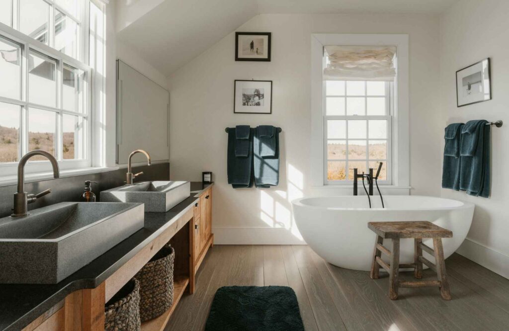 professional-home-organizer-yukon-ok-pre-renovation-organizing-bathroom-with-free-standing-soaking-tub-vanity-with-open-storage-decluttering