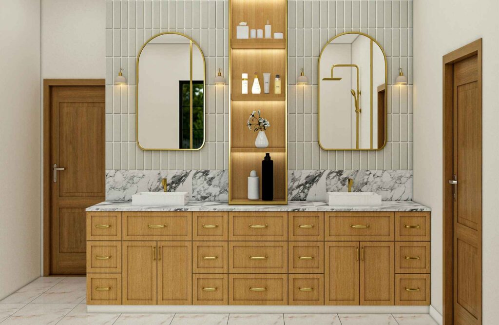 pretty-neat-nichols-hills-ok-shared-bathroom-organizing-tips-bathroom-vanity-with-vertical-storage-arched-mirrors-warm-colors-comfortable-office-organization