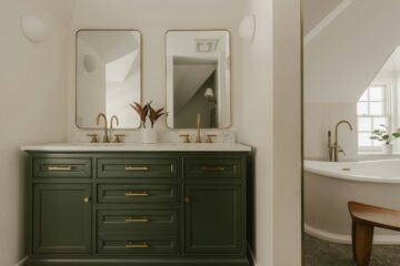 professional-home-organizing-oklahoma-city-ok-shared-bathroom-organizing-muted-colors-deep-green-vanity-view-into-soaking-tub-room-confidential